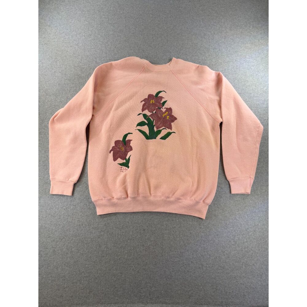 Vintage Tultex Floral Sweatshirt Pink Large USA Made Hand Painted 1991